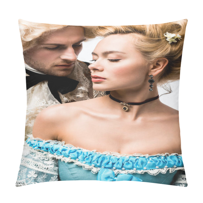 Personality  Pompous Victorian Man Looking At Attractive Woman In Wig Isolated On White   Pillow Covers