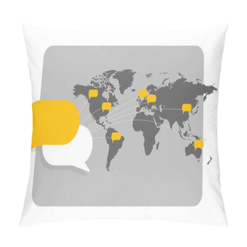 Personality  World Map With Message Bubbles Showing Interconnection With Each Other And Global Communication. Pillow Covers