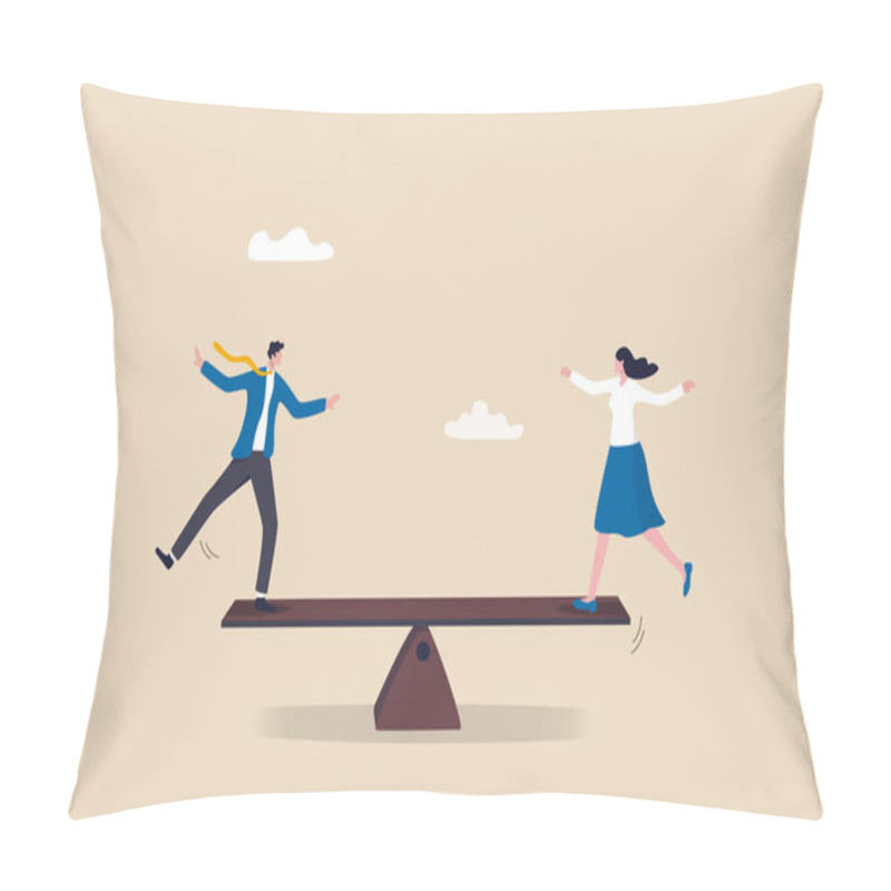 Personality  Gender Equality, Treat Female And Male Equally, Diversity Or Balance, Fairness And Justice Concept, Businessman And Businesswoman Balancing On Equal Seesaw. Pillow Covers