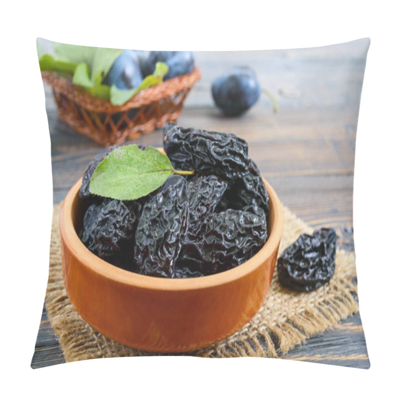 Personality  Prunes In A Clay Bowl And Fresh Plums, Leaves On A Wooden Table. Fresh Prunes For Healthy Life. Pillow Covers