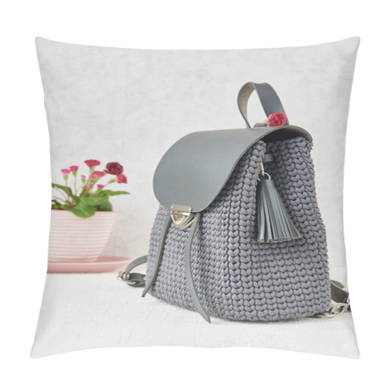 Personality  Knitted Grey Backpack And Flower Pot On A Light Background. Handmade Work. Copy Space For Text. Pillow Covers