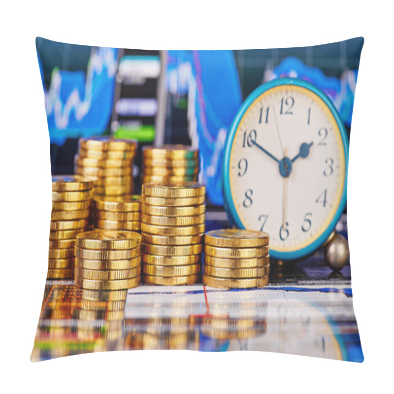 Personality  Stacks Of Golden Coins, Clock And The Financial Chart As Backgro Pillow Covers