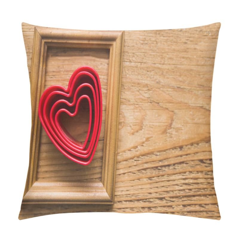 Personality   Red Hearts Inside Wooden Photo Frameon Wooden Table Background. Happy Valentines Day Idea Pillow Covers