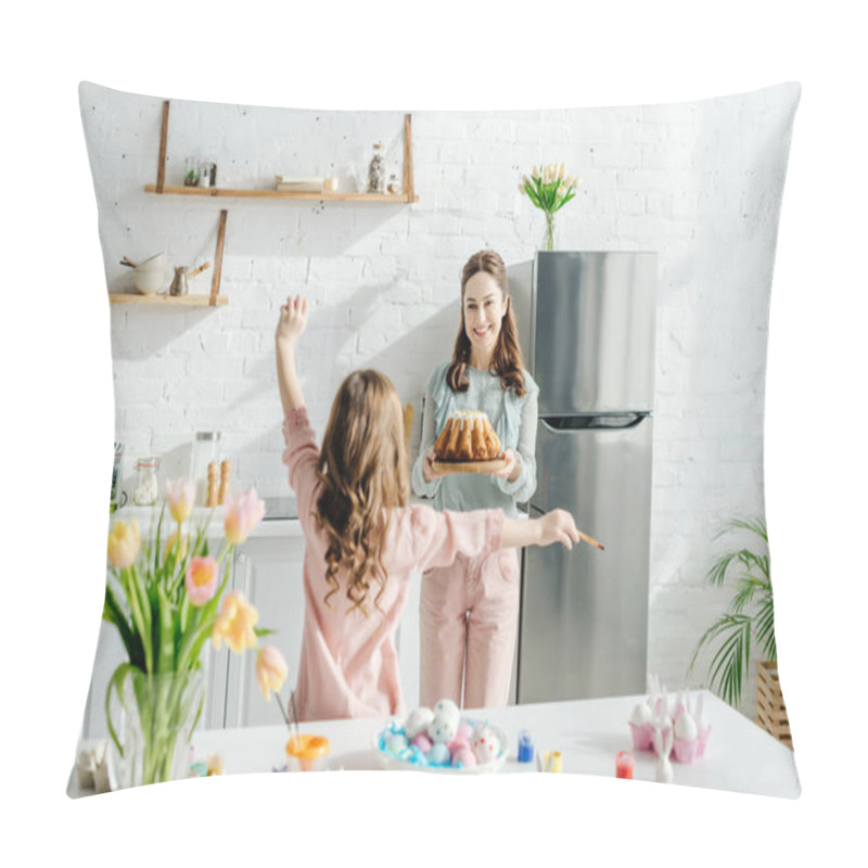 Personality  Back View Of Kid Near Happy Mother With Easter Cake  Pillow Covers