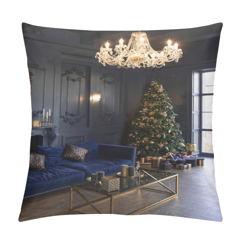 Personality  New Year's Decor And Atmosphere In A Large Living Room With Dark Walls. Christmas Tree. Stylish Modern Living Room Pillow Covers