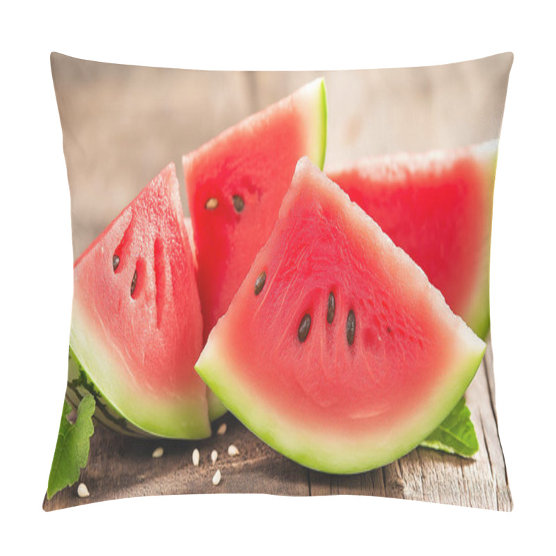 Personality  Close-up Of Fresh Watermelon Slices On A Wooden Table, Showcasing The Bright Red And Green Contrast. Pillow Covers