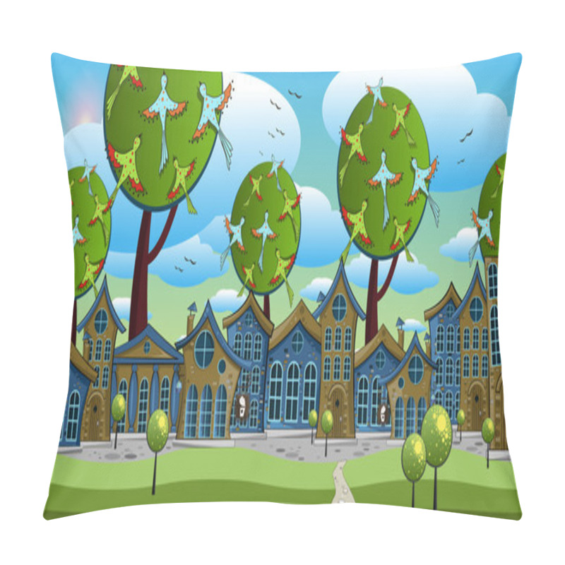 Personality  Small Ancient Town Standing Among A Fairy Forest In Fine Sunny Weather Pillow Covers