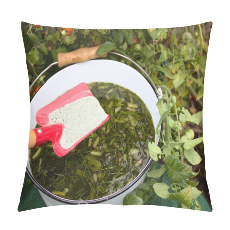 Personality  Liquid Manure From Herbs And Rock Flour In Front Of A Tomato Pillow Covers