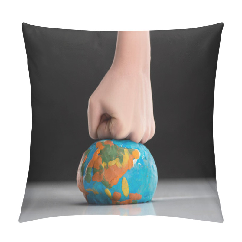 Personality  Partial View Of Woman Compressing Plasticine Globe By Fist Isolated On Black, Global Warming Concept Pillow Covers