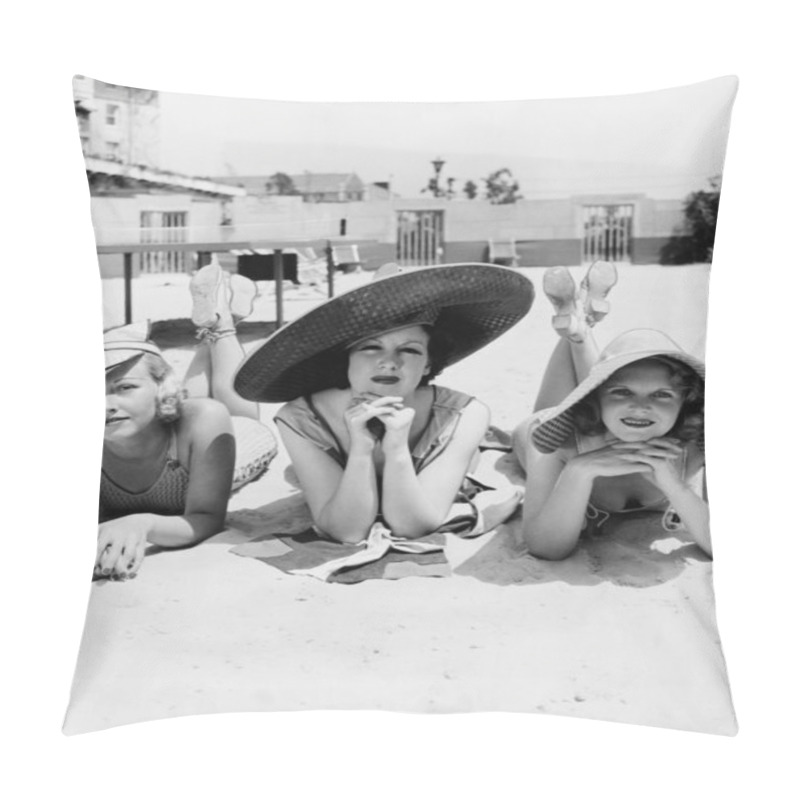 Personality  Portrait Of Three Young Women Lying On The Beach Pillow Covers