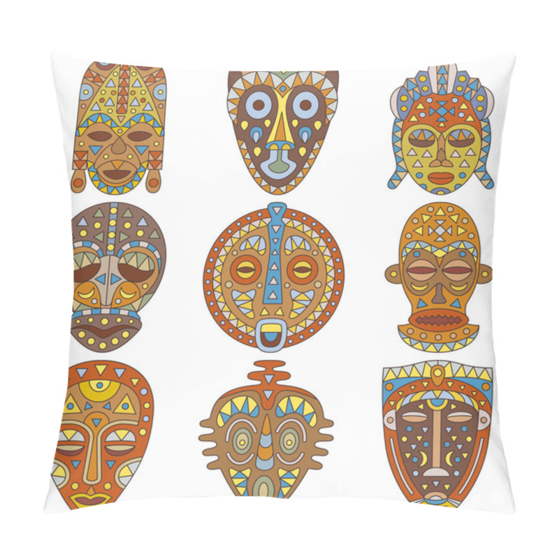 Personality  Icon Set. Different Ethnic Masks. Vector Illustration Pillow Covers