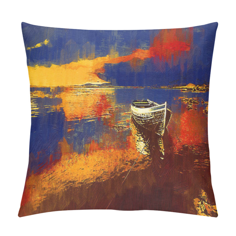 Personality  Alone Moored Boat, Digital Painting Pillow Covers