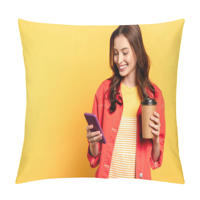 Personality  Happy Young Woman Holding Coffee To Go And Using Smartphone On Yellow Pillow Covers