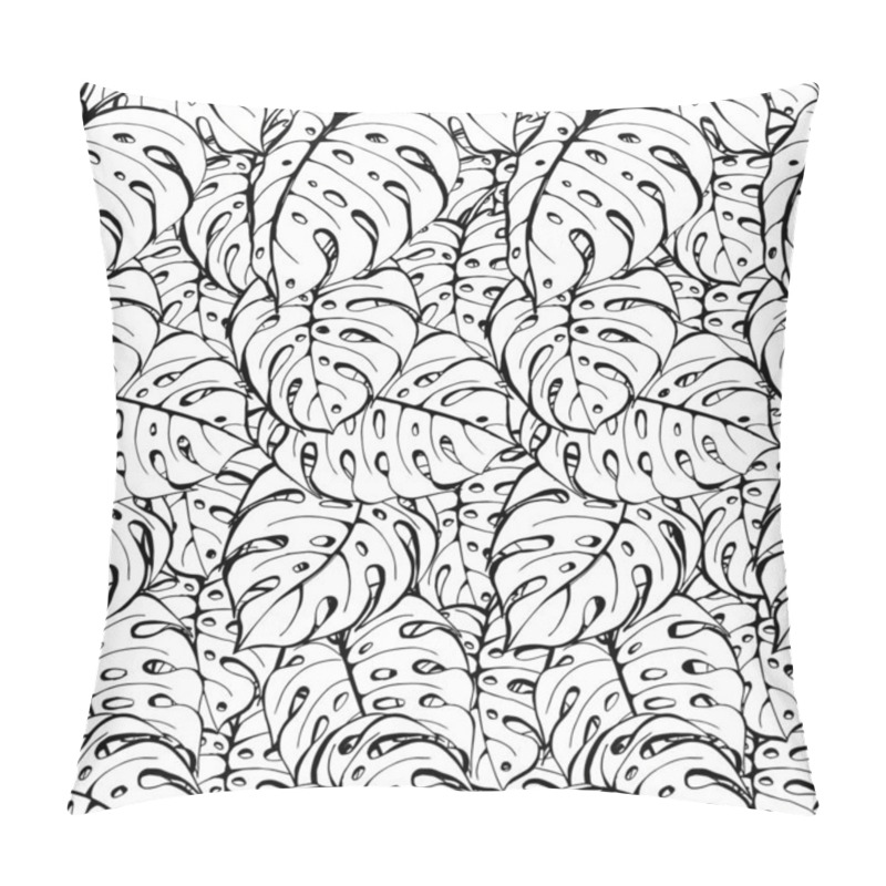 Personality  Seamless Pattern Monstera Leaves. Outline Black On White Background. Design  For Fabric, Textile, Wallpaper. Pillow Covers