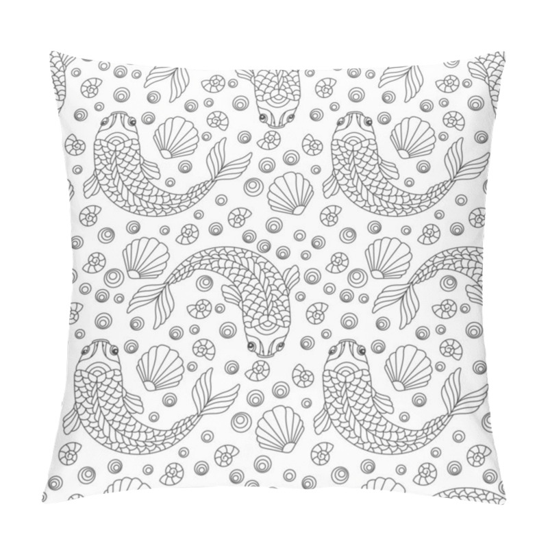 Personality  Seamless Pattern On A Marine Theme With  Fish And Shells, Dark Contour Fishes On A White Background Pillow Covers