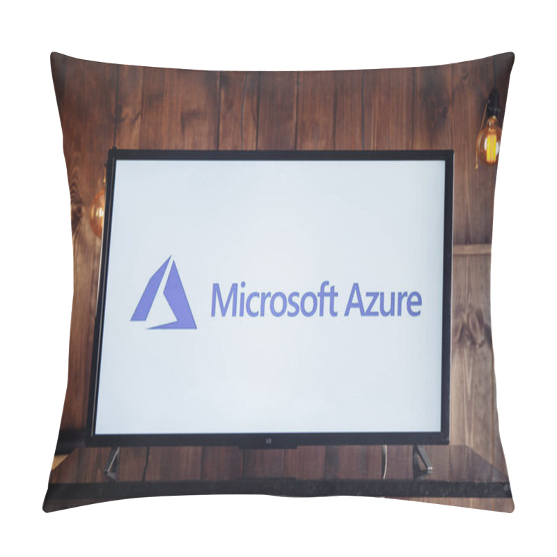 Personality  Tula, Russia, 04 May 2020: Microsoft Azure On The TV Screen Isolated. Pillow Covers