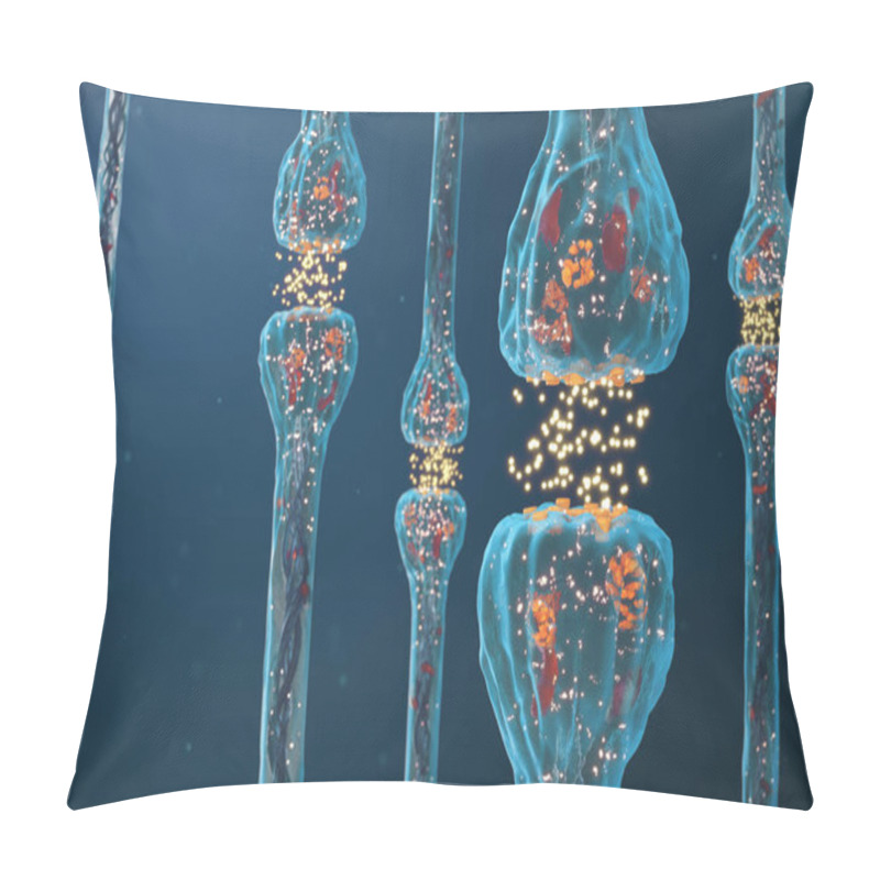 Personality  Synaptic Transmission, Human Nervous System. Concept Consciousness. Brain Synapses. Transmission Synapse, Signals, Impulses In Brain, Information Transfer At The Cellular Or Atomic Level, 3D Rendering Pillow Covers