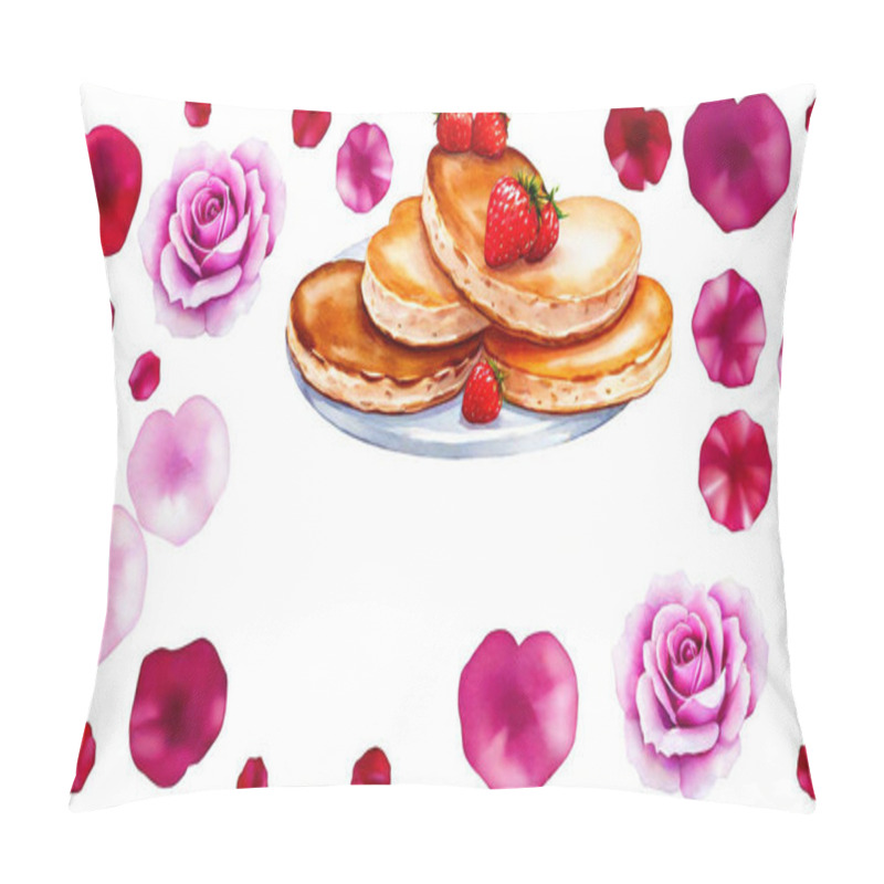 Personality  Watercolor Wash Heart-shaped Pancakes, Sweet Treats, And Rose Petals On A White Background. Pillow Covers