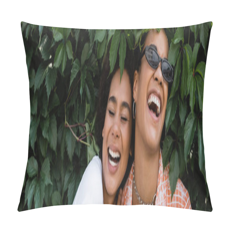 Personality  Happy African American Lesbian Women Laughing Near Green Bush In Park, Banner Pillow Covers