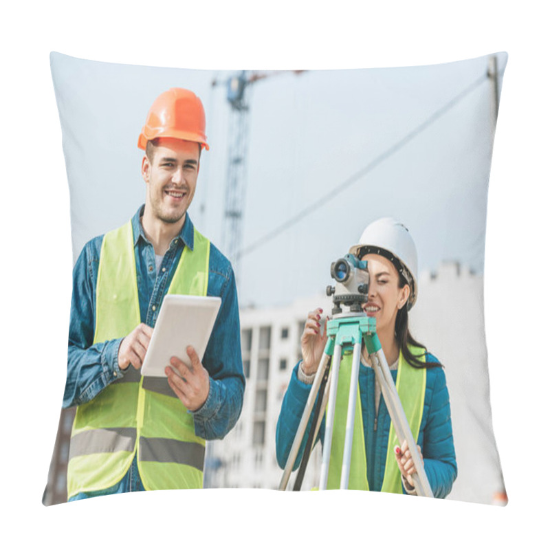 Personality  Smiling Surveyors With Digital Tablet And Measuring Level On Construction Site Pillow Covers