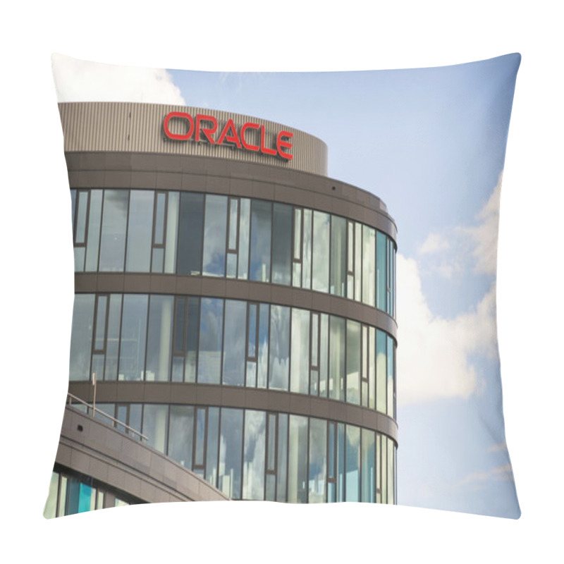 Personality  Oracle Corporation Logo On The Building Of Czech Headquarters On June 18, 2016 In Prague, Czech Republic. Pillow Covers