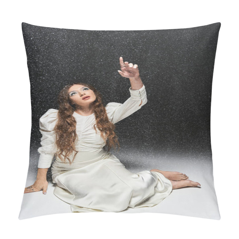 Personality  A Young Woman Elegantly Dressed In White Gestures Upwards, Shimmering Droplets Surround Her. Pillow Covers