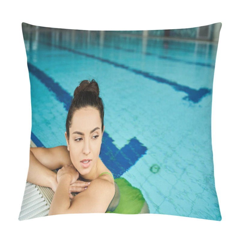 Personality  A Young Brunette Woman In A Swimsuit Sits Gracefully Next To A Swimming Board In An Indoor Spa Pool. Pillow Covers