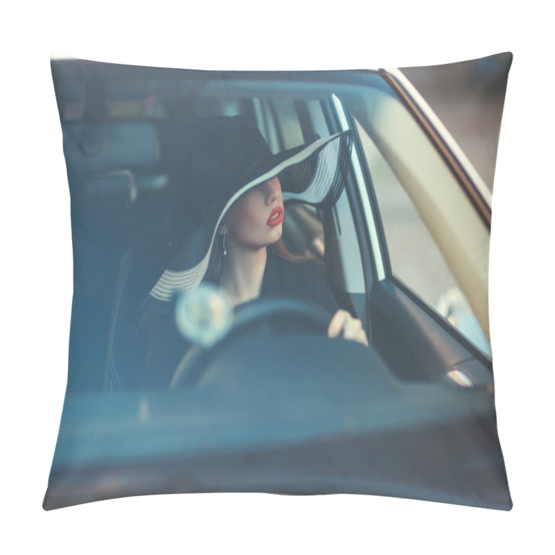 Personality  Woman In Hat Sitting Behind The Wheel Of A Car. Pillow Covers