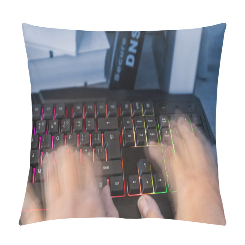 Personality  Colored Computer Keyboard With Human Hands In Motion. Close-up Of Typing Fingers Of Hacker, Spy Or Censor. Detail Of A Book With Secure DNS Writing On Background. Idea Of Digitization And Cyber Security. Pillow Covers