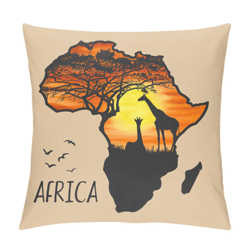 Personality  Africa Map Silhouette With Illustration Of Forest And Animals. Vector Design Pillow Covers