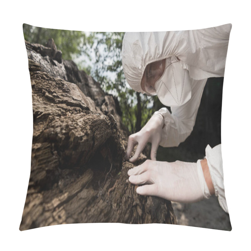 Personality  Ecologist In Respirator, Goggles And Latex Gloves Touching Tree Bark Pillow Covers