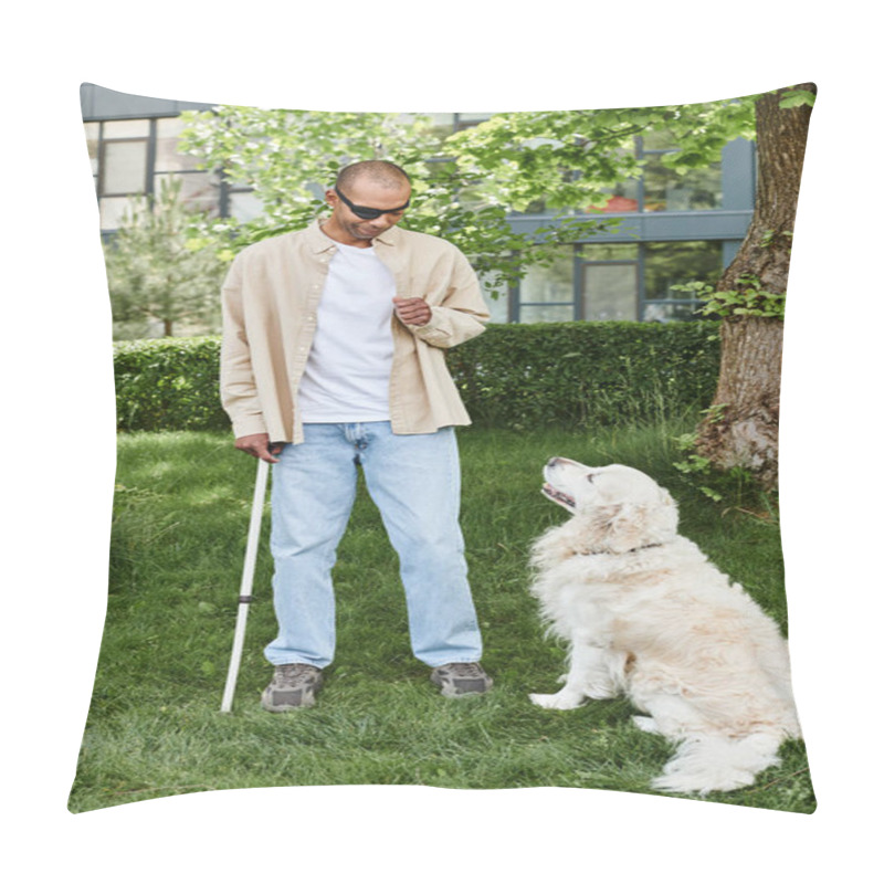 Personality  An African American Man With Myasthenia Gravis Stands Beside A Loyal White Labrador On A Vibrant Green Meadow. Pillow Covers