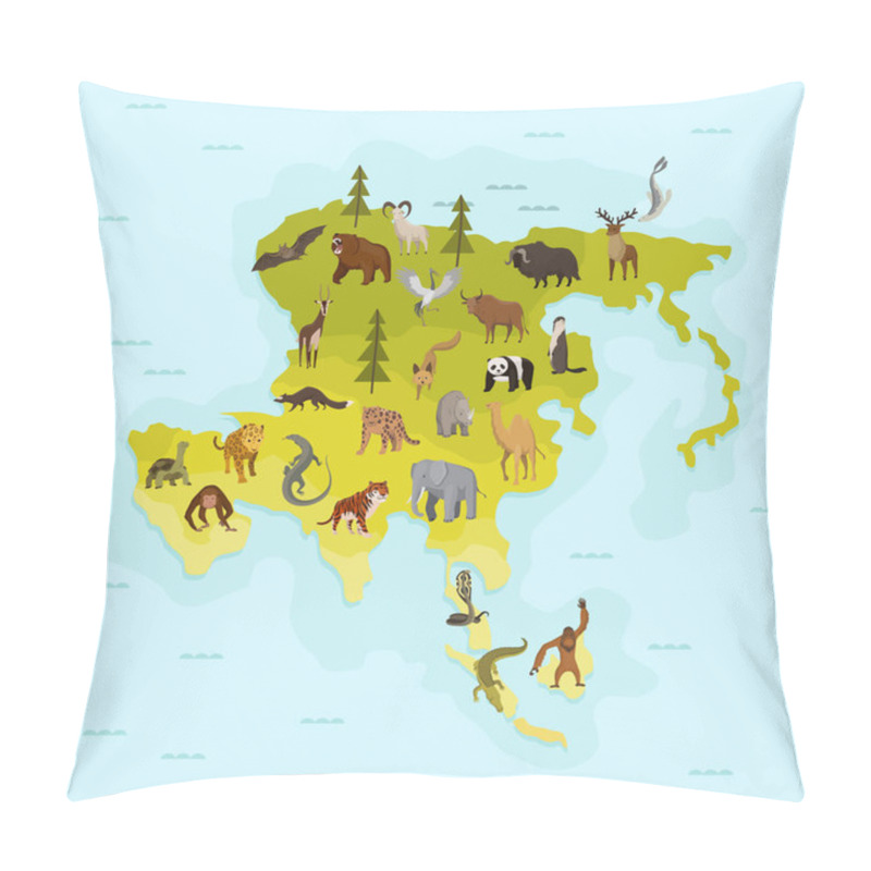 Personality  Map Of Asia With Different Animal. Funny Cartoon Banner For Children With The Continent, Ocean And Lot Of Funny Animals. Materials For Kids Preschool Education Pillow Covers