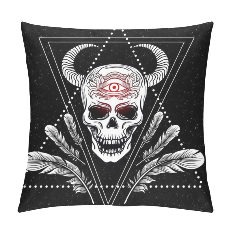 Personality  Skull With Bull Horns, Feathers And Third Eye. Sacred Geometry, Alchemy, Religion, Philosophy, Spirituality. Dotwork Blackwork Hipster Style Tattoo.Vector Artwork. Pillow Covers