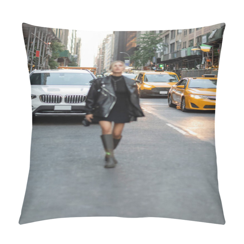 Personality  Full Length Of Blurred Blonde Woman In Black Leather Jacket And Dress Walking Near Cars And Yellow Cabs In New York  Pillow Covers