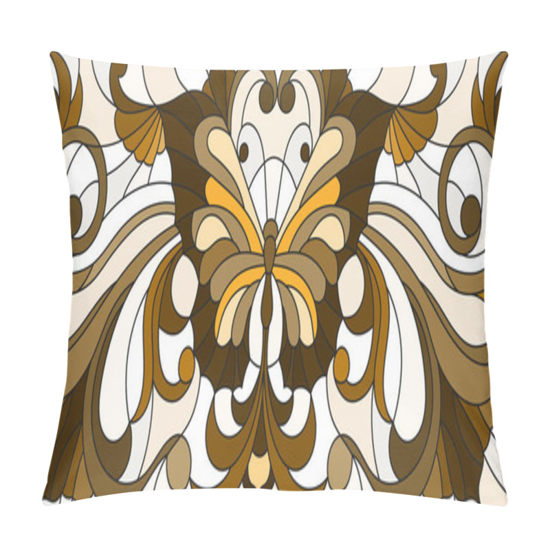 Personality  Illustration In Stained Glass Style With  Butterfly And Floral Ornament , Brown Tone, Sepia Pillow Covers