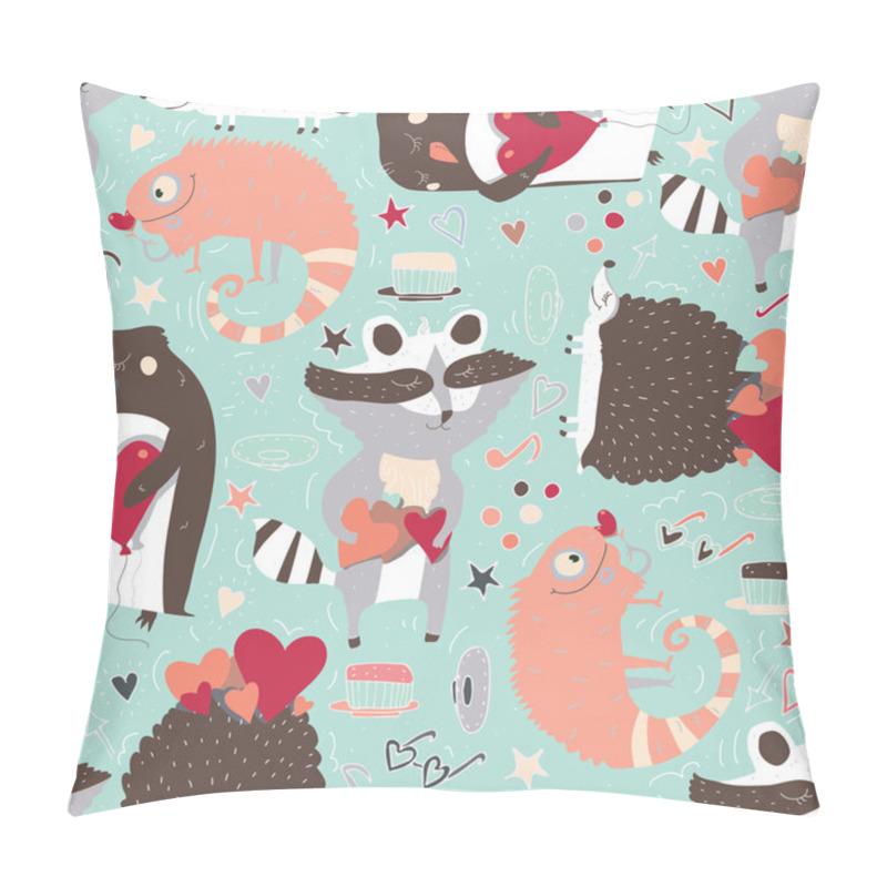 Personality  Seamless Vector Pattern With Cute Animals Such As Raccoon, Iguana And Hedgehog And Penguin With Hearts, Decorated With Doodle Stars, Hearts And Hand Drawn Decor. Cute Illustration On Light Blue. Pillow Covers