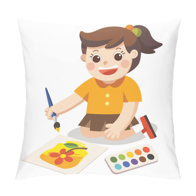 Personality  Back To School, Happy Girl Draw Pictures Pencils And Paints On Floor.Isolated Vector. Pillow Covers