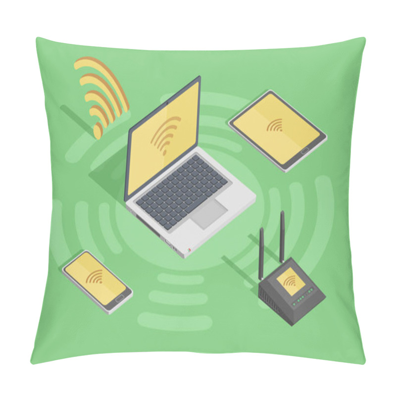 Personality  Wireless Technology Devices In Isometric Style Poster With Laptop Smartphone Router And Wifi Internet Hub Connection Symbol Flat Vector Illustration Pillow Covers