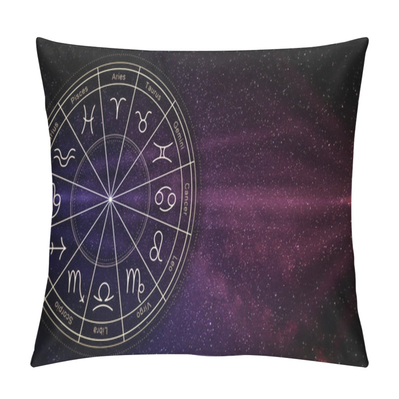 Personality  Zodiac Wheel With Twelve Signs On Starry Sky Background, Space For Text. Horoscopic Astrology Pillow Covers