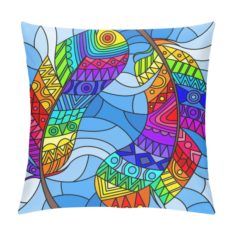 Personality  Illustration In Stained Glass Style With Bright Patterned Rainbow Feathers On A Blue Sky Background Pillow Covers