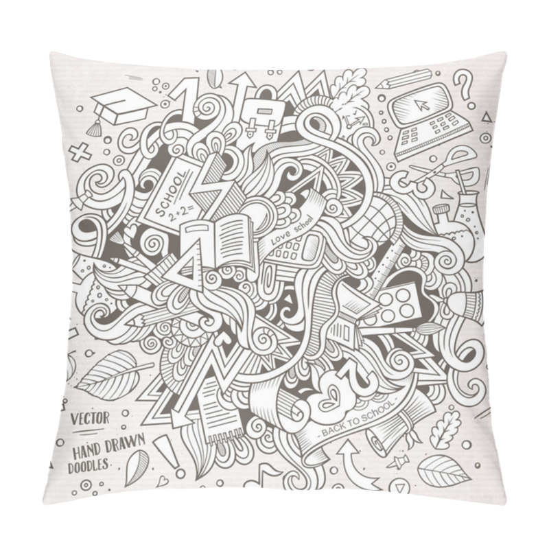 Personality  Cartoon Cute Doodles Hand Drawn School Illustration. Line Art Detailed, With Lots Of Objects Background. Funny Vector Artwork. Sketchy Picture With Education Theme Items. Pillow Covers