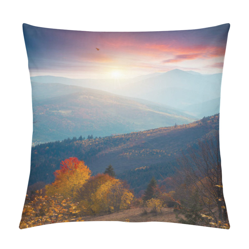 Personality  Colorful Autumn Landscape In The Mountain Village. Foggy Morning In The Carpathian Mountains. Sokilsky Ridge, Ukraine, Europe. Pillow Covers