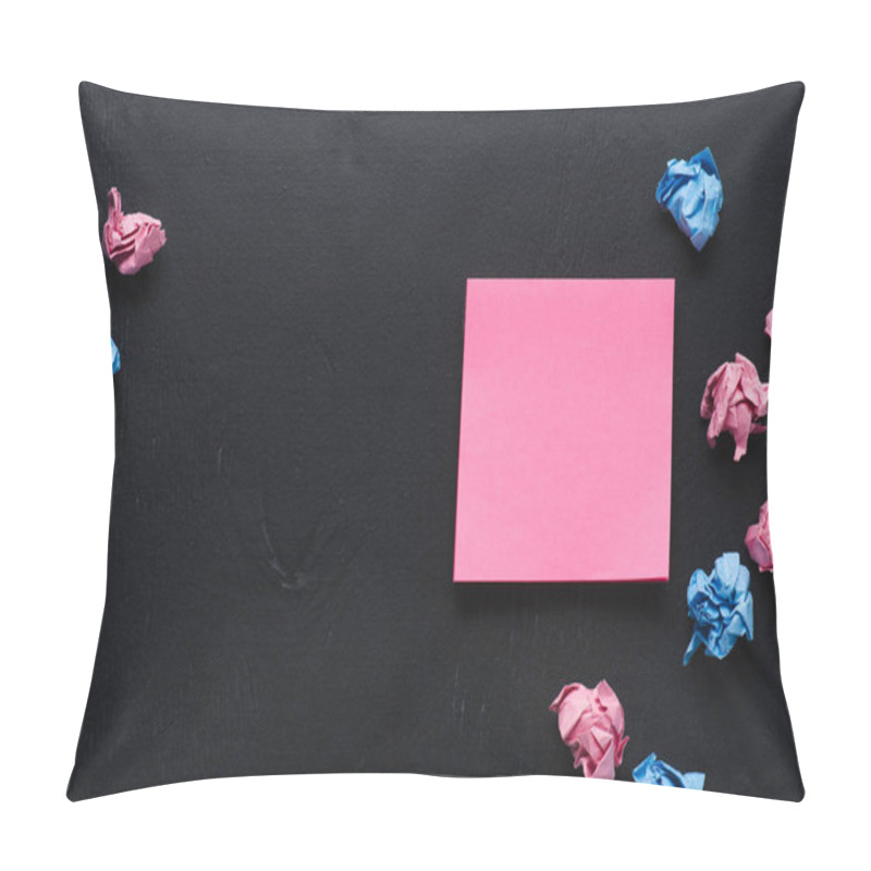 Personality  Top View Of Scattered Pink And Blue Crumpled Paper Balls With Sticky Note On Black Background, Think Different Concept Pillow Covers