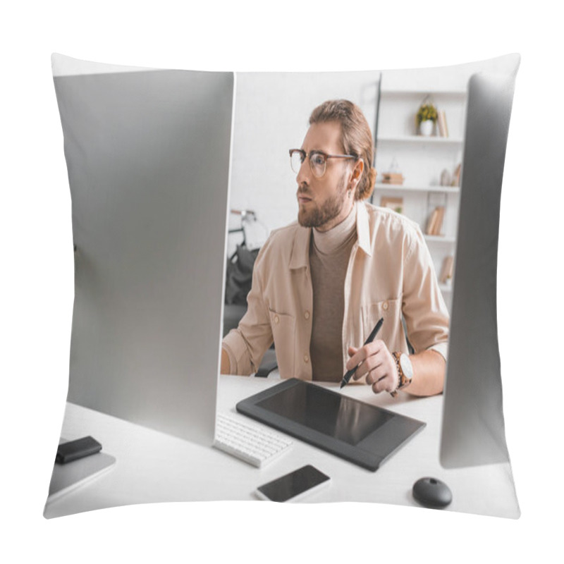 Personality  Handsome 3d Artist Using Graphics Tablet And Computers At Table In Office  Pillow Covers