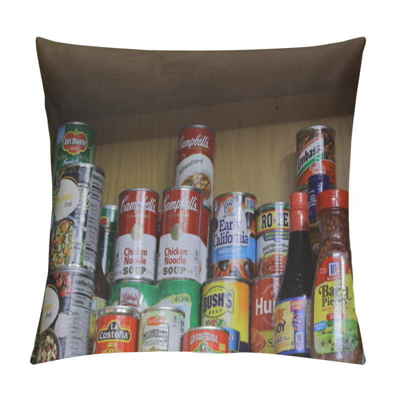 Personality  Clear Lake, WI / USA  - April 2 / 2020: Assortment Of Canned Goods On Shelf Pillow Covers