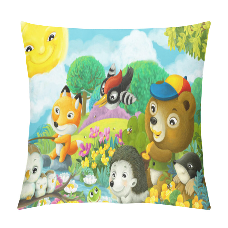 Personality  Cartoon Scene With Different Forest Animals Friends Having Fun Together Fishing Illustration For Children Pillow Covers