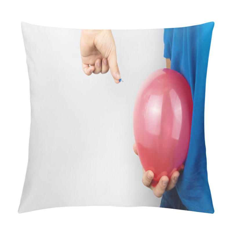 Personality  Conceptual Photography. The Man Holds A Red Ball Near His Belly, Which Symbolizes Bloating And Flatulence. Then He Brings A Needle To It To Burst The Balloon And Thus Get Rid Of The Problem. Pillow Covers