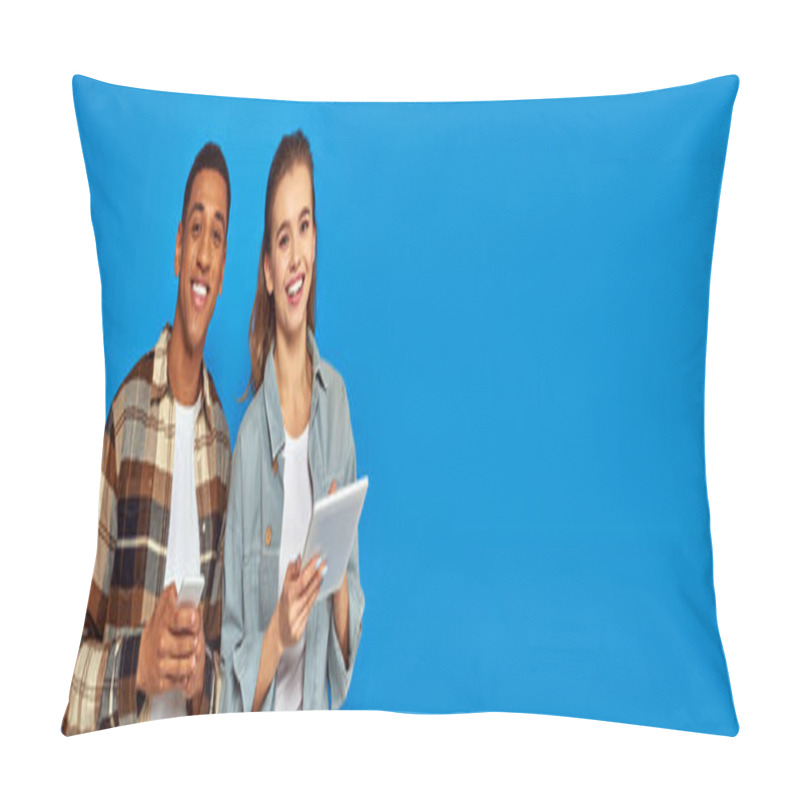 Personality  Happy Interracial Couple Holding Smartphone And Digital Tablet On Blue Backdrop, Banner Pillow Covers