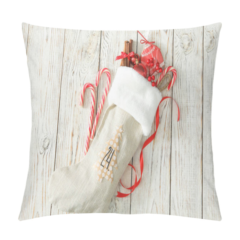 Personality  Christmas Stocking With Festive Decor And Treats On White Wooden Table, Flat Lay. Advent Calendar Pillow Covers